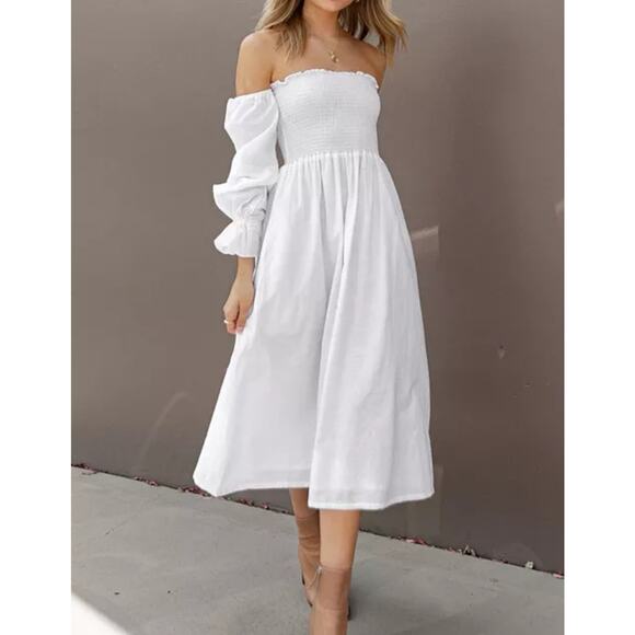 Petal and Pup Dresses & Skirts - Petal and Pup Size Medium Off Shoulder Long Sleeve White Midi Dress Bridal
